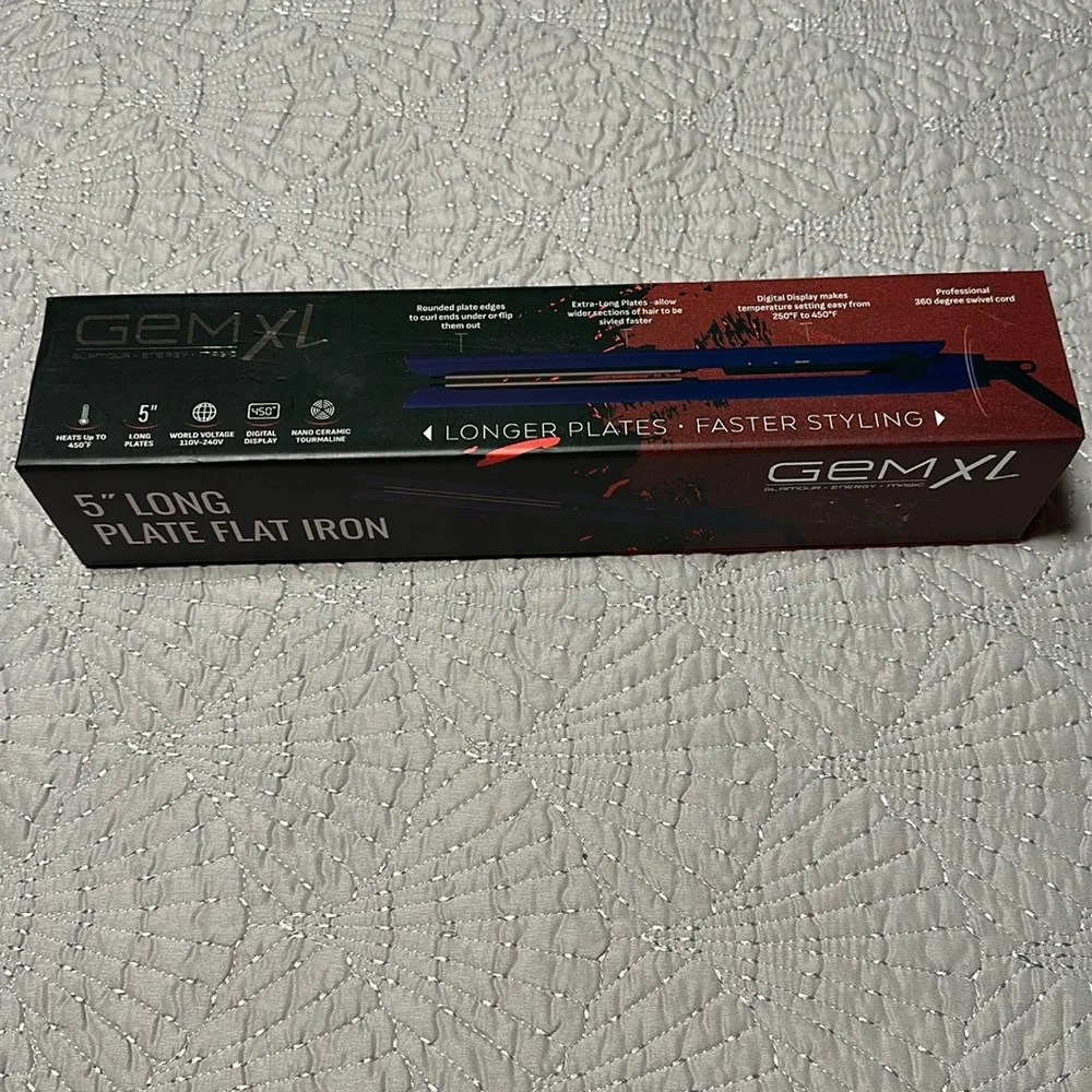 GEM XL 5” Long Plate Flat Iron for Straightening Hair , New in Box